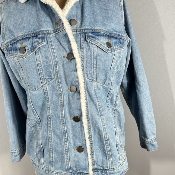 Asos Sz 2 Oversized Sherpa Neckline Faux Fur Trucker Jean Borg Denim Jacket - Picture 4 of 13